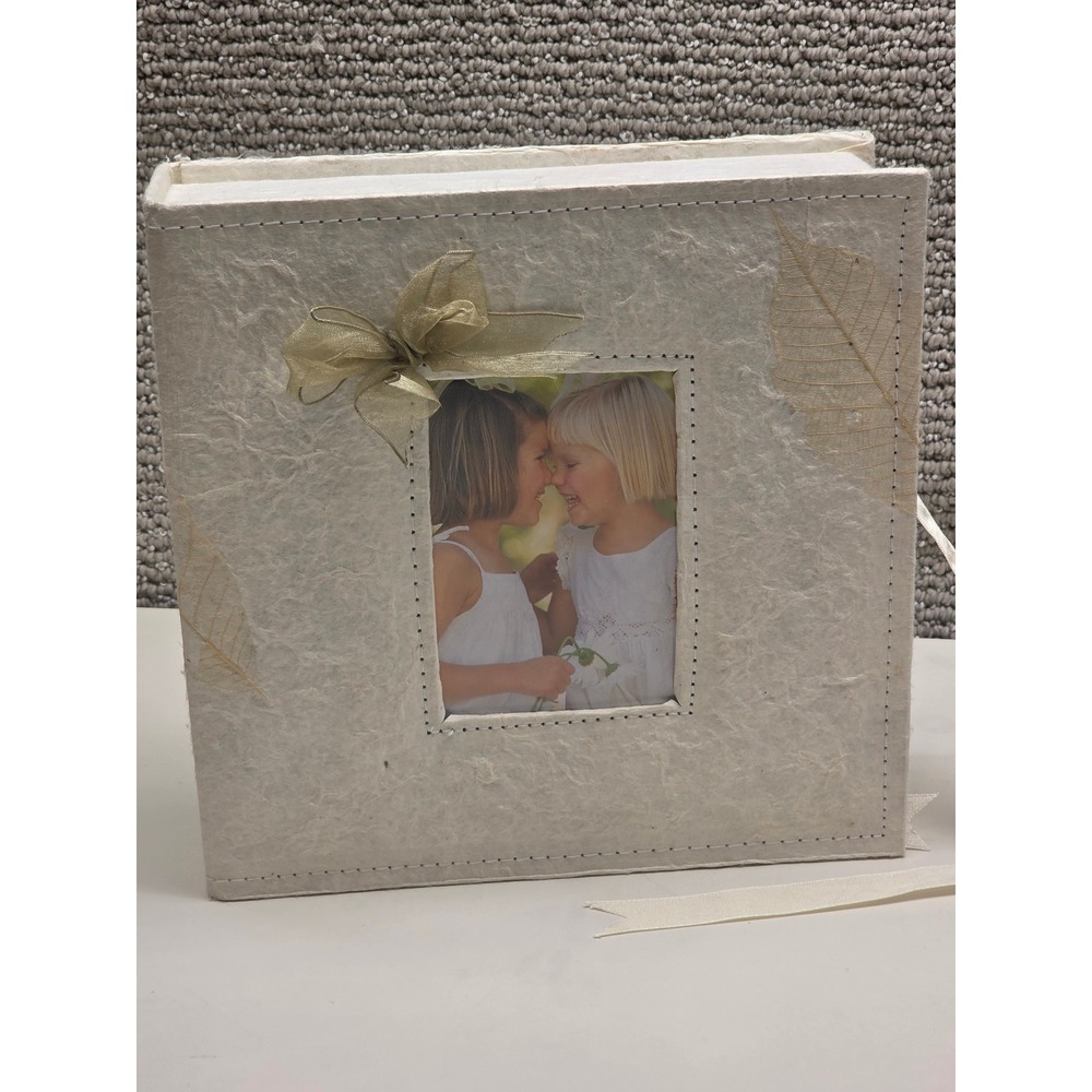 Handmade Paper Keepsake Box Cream Skeleton Leaf Photo Window Ribbon Tie 9in